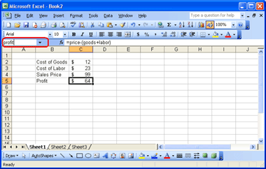Figure 1-1: Name a range by typing text in the Name box.